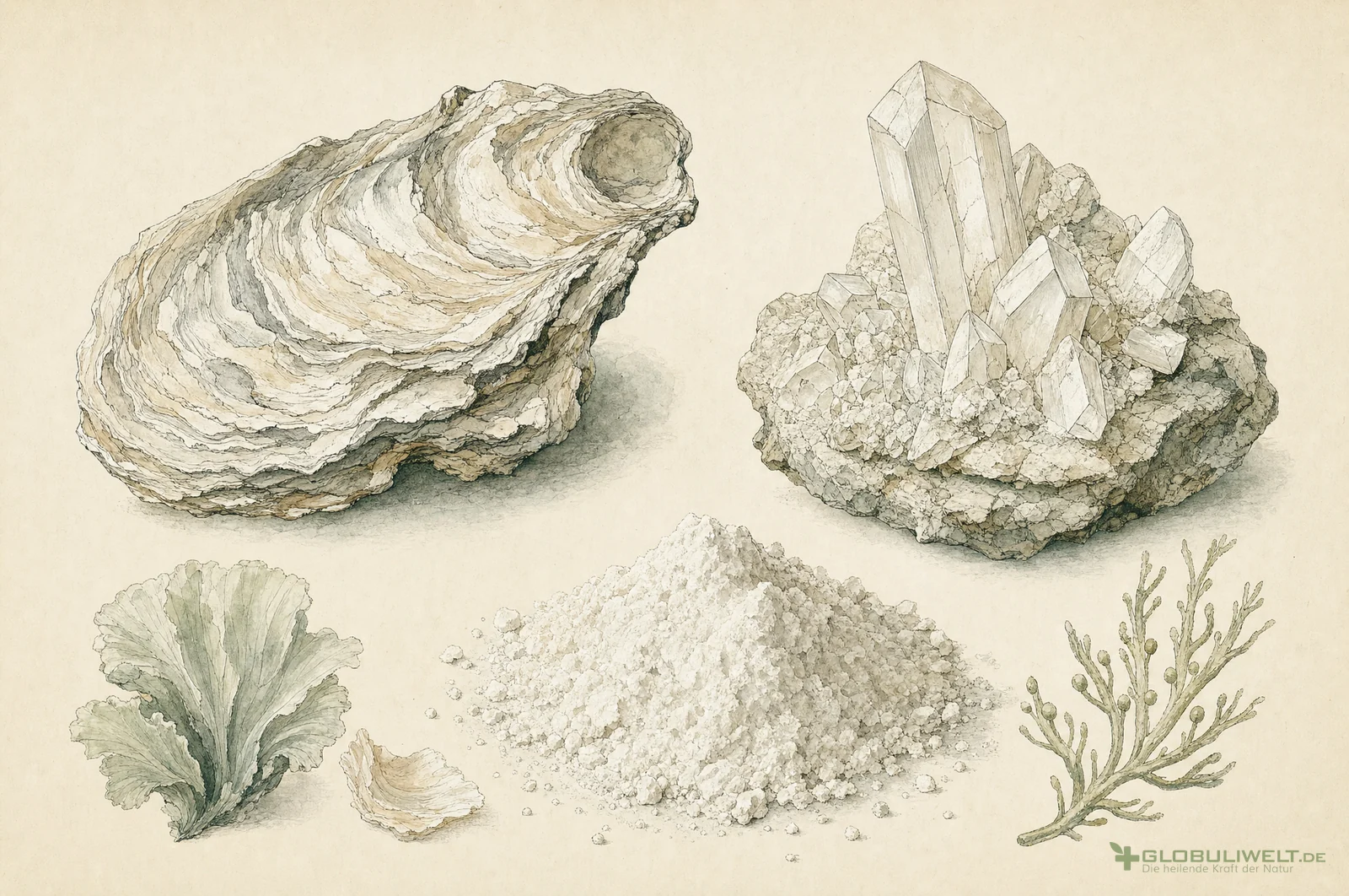 Mineralogische Illustration von Calcium Carbonicum (Kalziumkarbonat (Austernschalenkalk)) – Ausgangssubstanz der homöopathischen Globuli