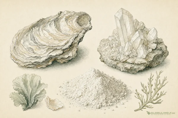 Mineralogische Illustration von Calcium Carbonicum (Kalziumkarbonat (Austernschalenkalk)) – Ausgangssubstanz der homöopathischen Globuli