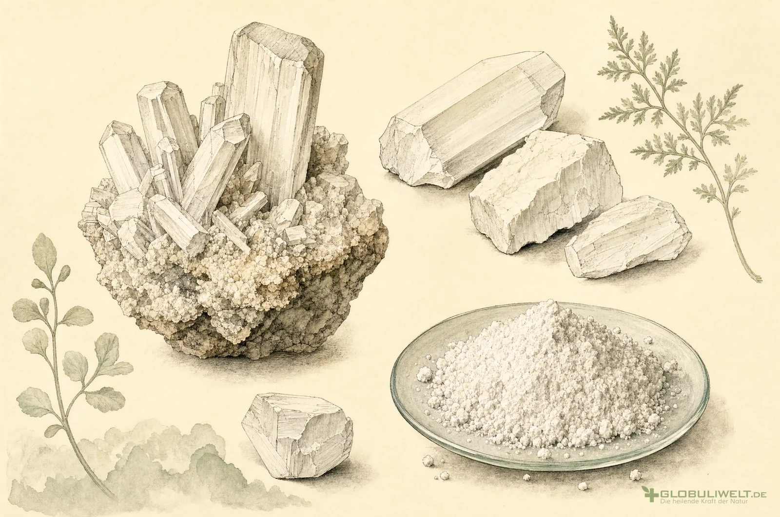 Mineralogische Illustration von Calcium phosphoricum (Kalziumphosphat) (Kalziumphosphat) – Ausgangssubstanz der homöopathischen Globuli