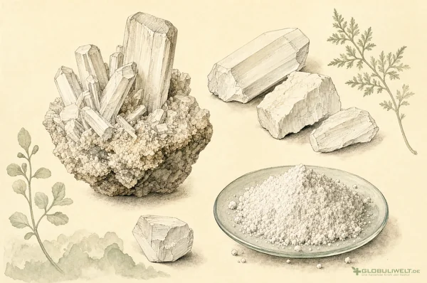 Mineralogische Illustration von Calcium phosphoricum (Kalziumphosphat) (Kalziumphosphat) – Ausgangssubstanz der homöopathischen Globuli