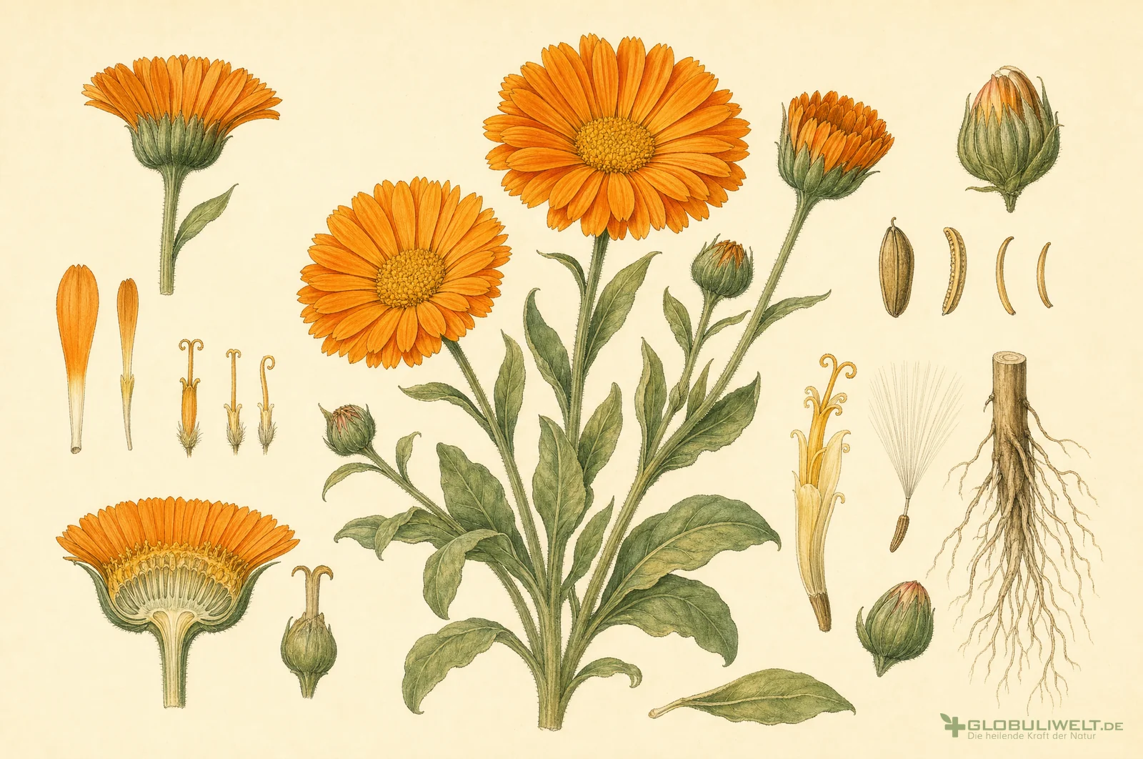 Botanische Illustration von Calendula (Ringelblume) – Ausgangssubstanz der homöopathischen Globuli