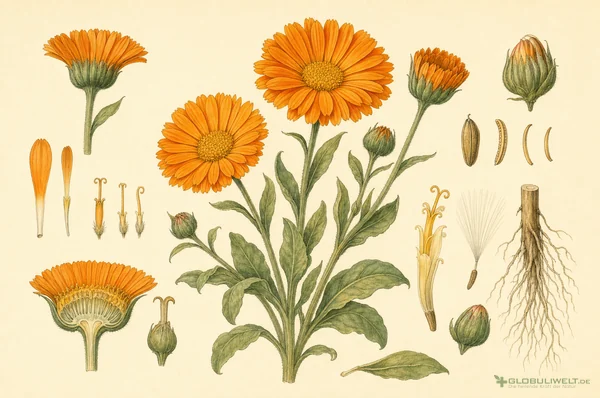 Botanische Illustration von Calendula (Ringelblume) – Ausgangssubstanz der homöopathischen Globuli