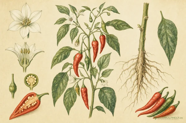 Botanische Illustration von Capsicum annuum (Cayennepfeffer) – Ausgangssubstanz der homöopathischen Globuli