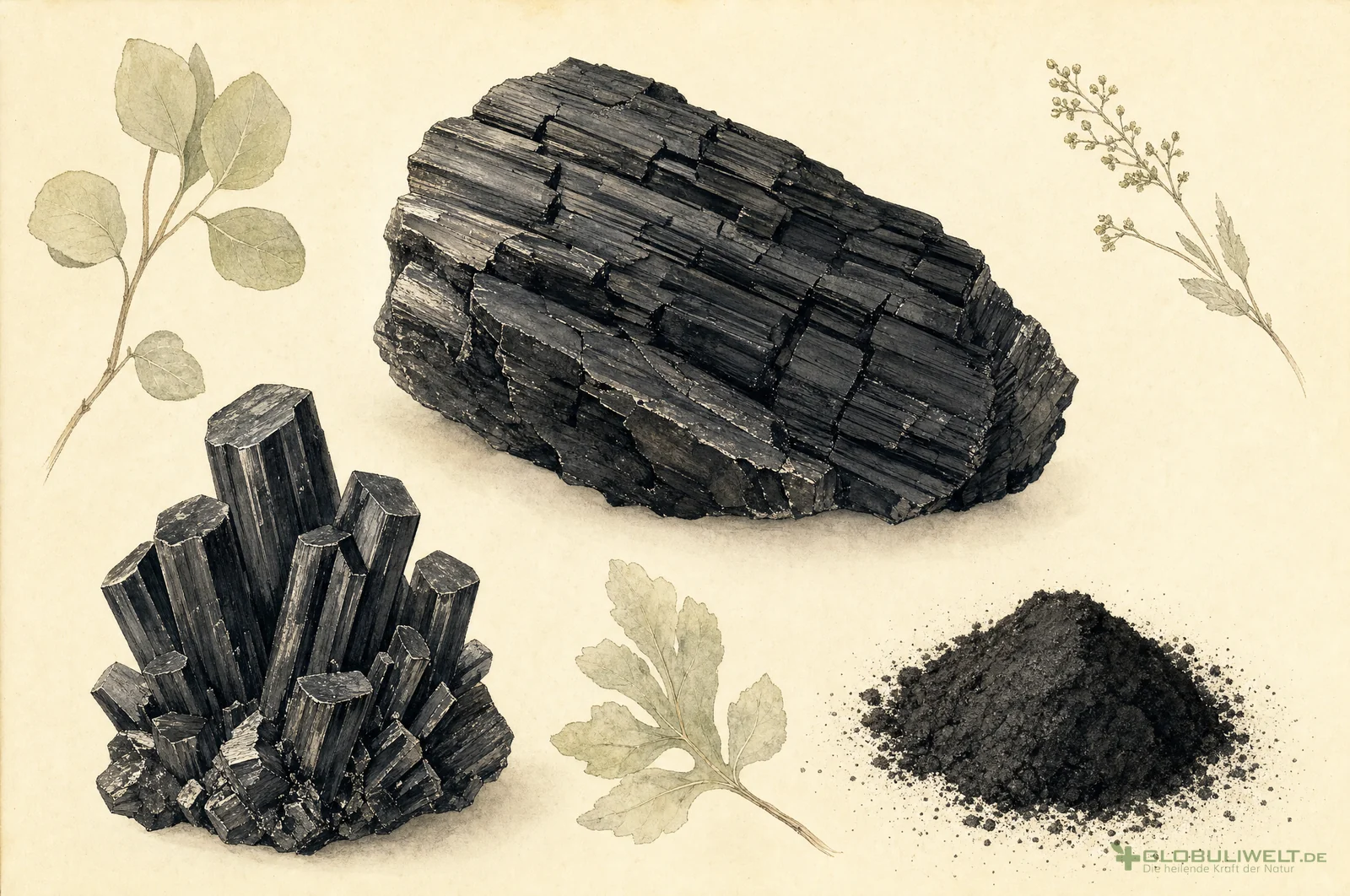 Mineralogische Illustration von Carbo Animalis (Tierkohle) (Tierkohle) – Ausgangssubstanz der homöopathischen Globuli