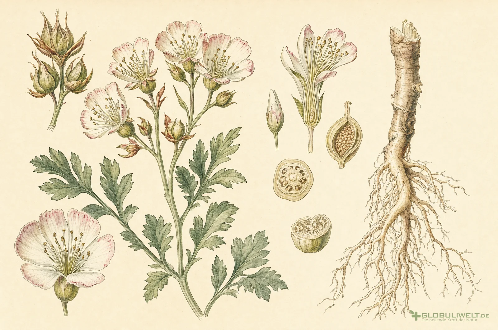 Botanische Illustration von Carcinosinum (Krebsnosode) – Ausgangssubstanz der homöopathischen Globuli