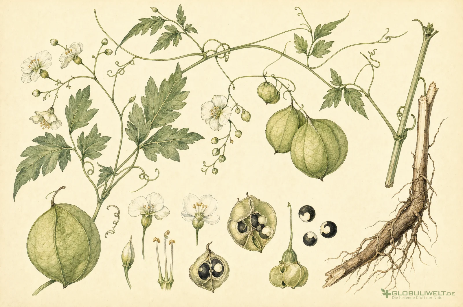 Botanische Illustration von Cardiospermum halicacabum (Ballonrebe) – Ausgangssubstanz der homöopathischen Globuli