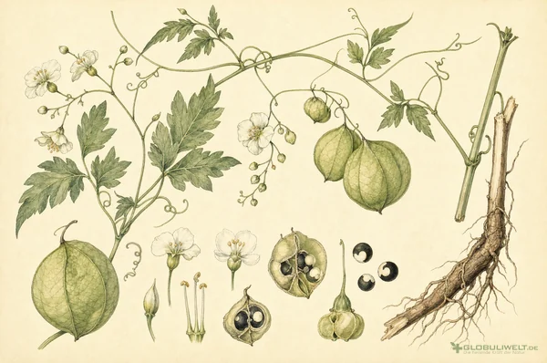 Botanische Illustration von Cardiospermum halicacabum (Ballonrebe) – Ausgangssubstanz der homöopathischen Globuli
