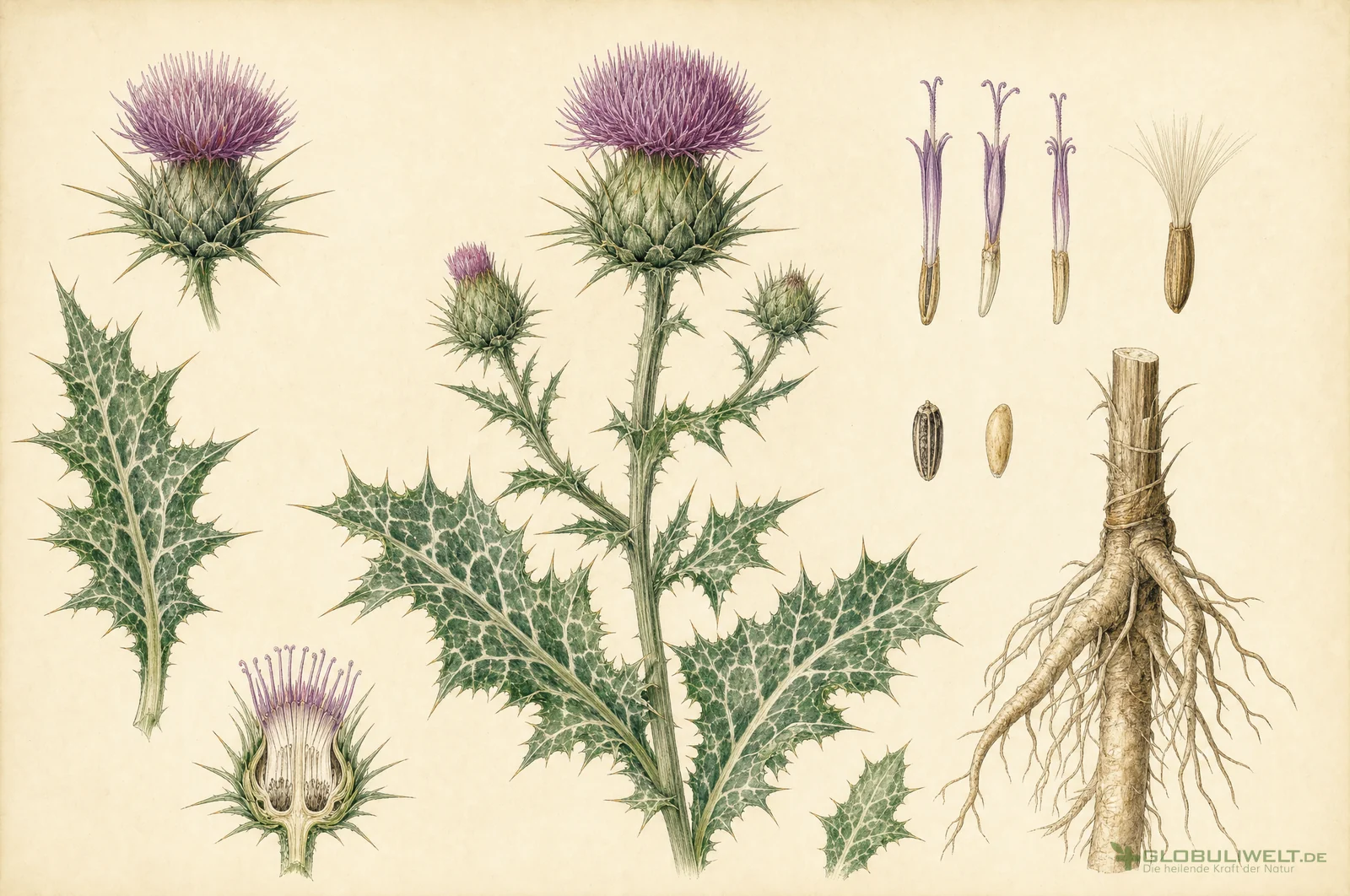 Botanische Illustration von Carduus marianus (Mariendistel) – Ausgangssubstanz der homöopathischen Globuli