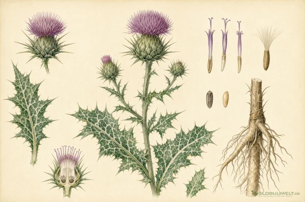 Botanische Illustration von Carduus marianus (Mariendistel) – Ausgangssubstanz der homöopathischen Globuli