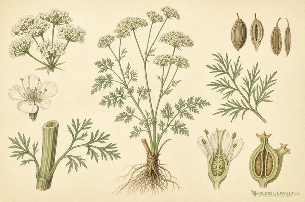 Botanische Illustration von Carum carvi (Wiesenkümmel) – Ausgangssubstanz der homöopathischen Globuli