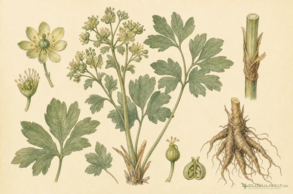Botanische Illustration von Caulophyllum thalictroides (Frauenwurzel) – Ausgangssubstanz der homöopathischen Globuli