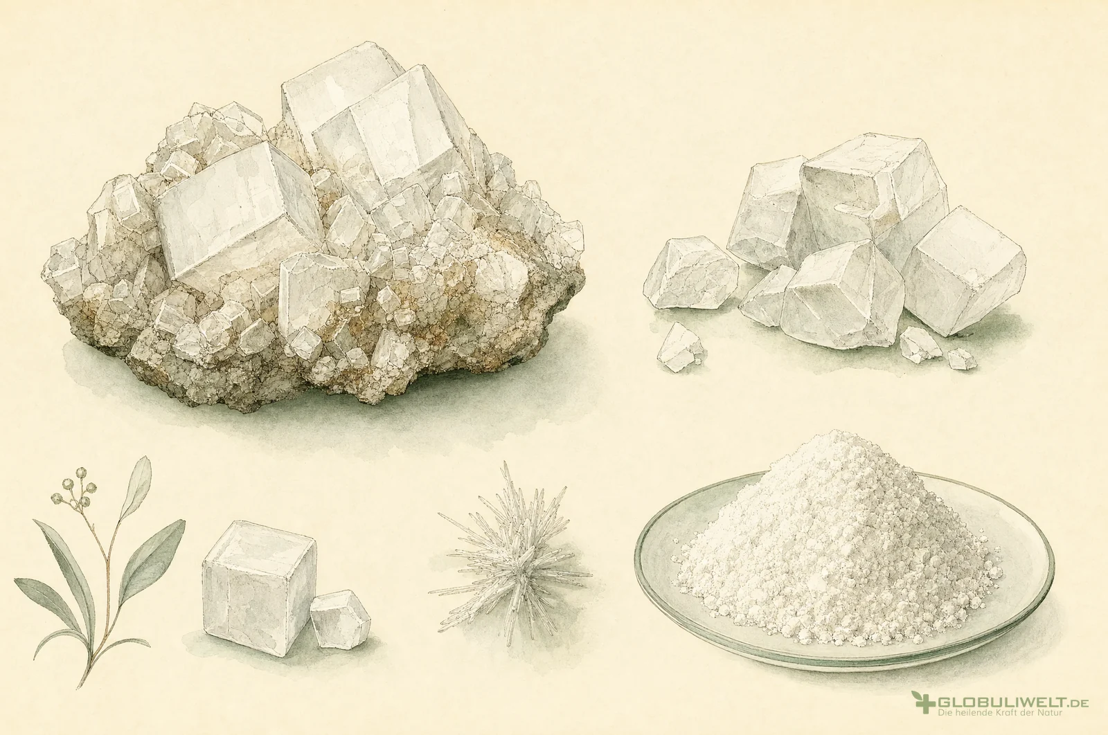 Mineralogische Illustration von Causticum (Ätzkalk) – Ausgangssubstanz der homöopathischen Globuli