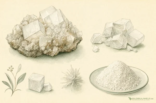 Mineralogische Illustration von Causticum (Ätzkalk) – Ausgangssubstanz der homöopathischen Globuli