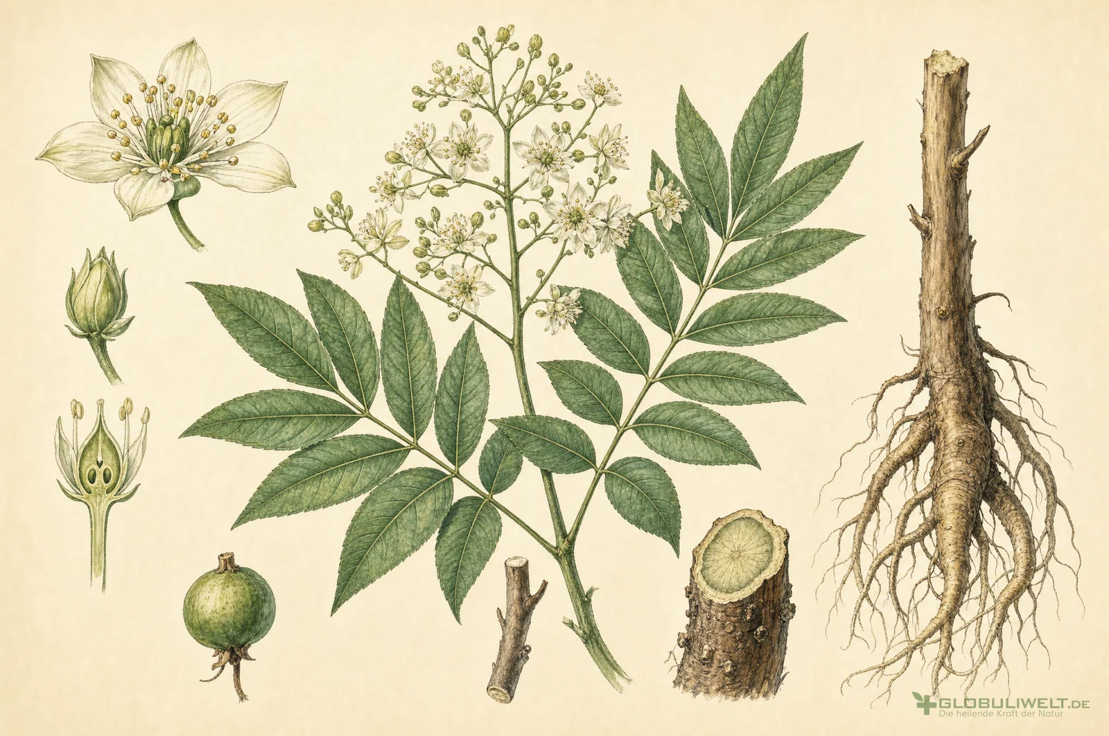 Botanische Illustration von Simaba cedron (Zedron) – Ausgangssubstanz der homöopathischen Globuli