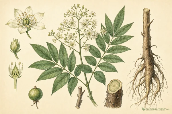 Botanische Illustration von Simaba cedron (Zedron) – Ausgangssubstanz der homöopathischen Globuli