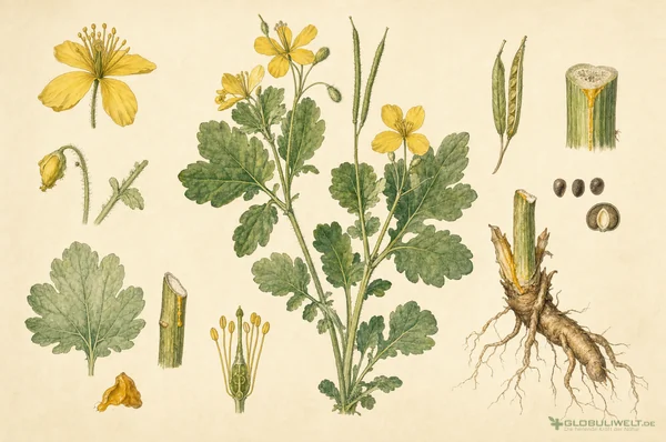 Botanische Illustration von Chelidonium majus (Schöllkraut) – Ausgangssubstanz der homöopathischen Globuli
