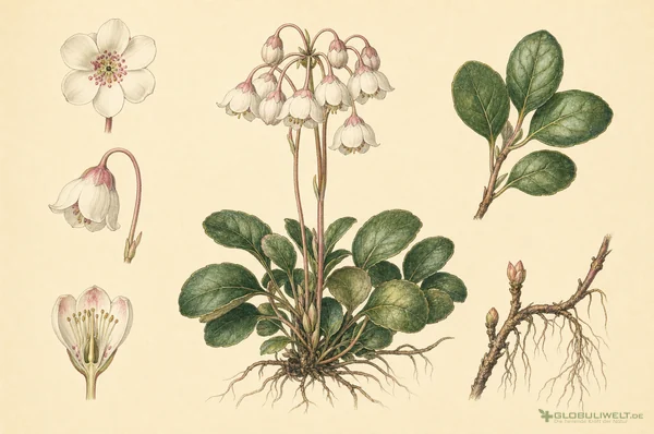Botanische Illustration von Chimaphila umbellata (Doldiges Winterlieb) – Ausgangssubstanz der homöopathischen Globuli