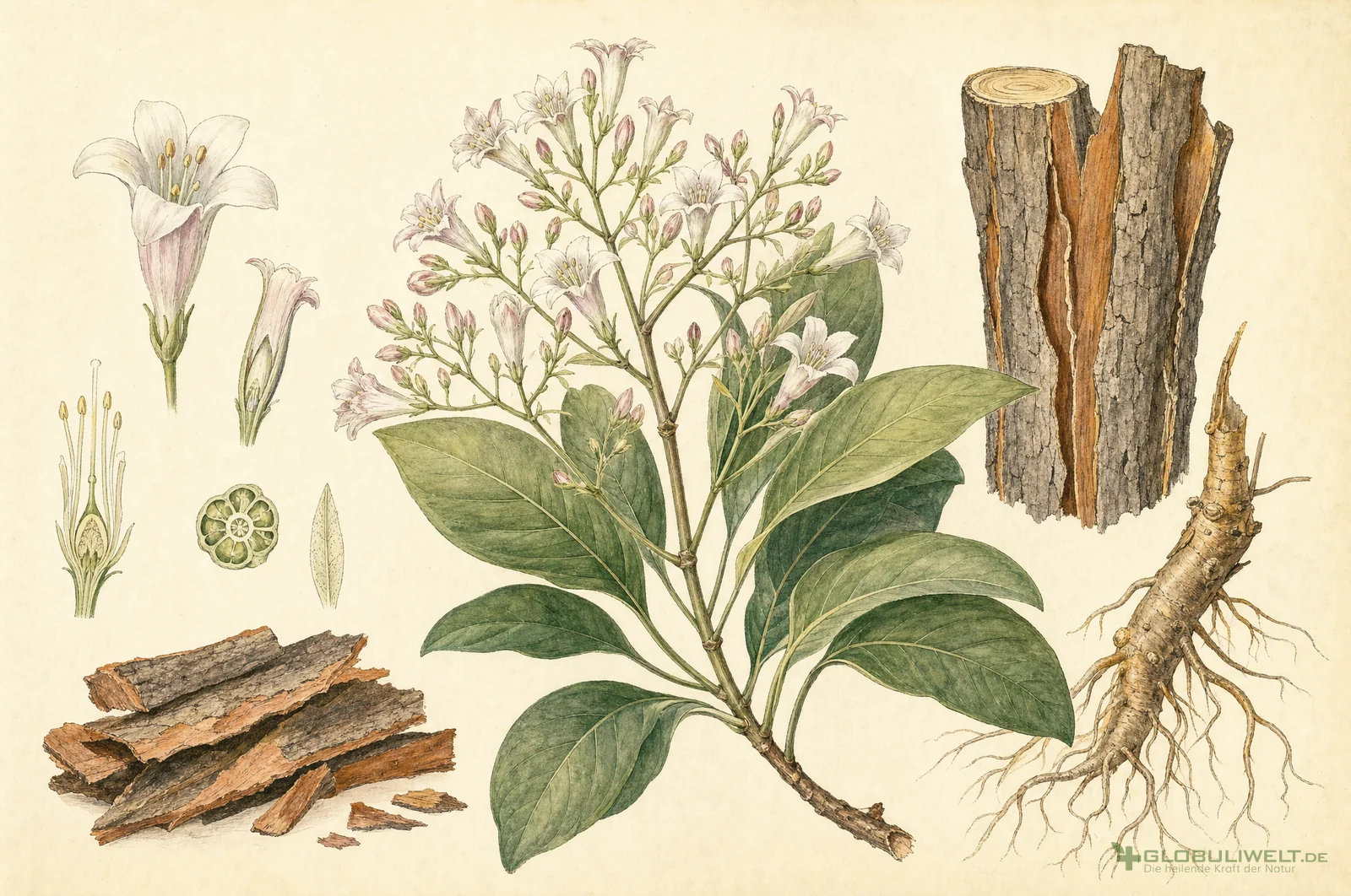 Botanische Illustration von China Officinalis (Chinarinde) – Ausgangssubstanz der homöopathischen Globuli