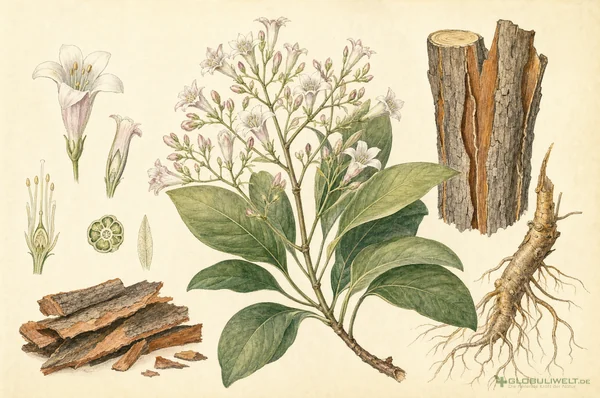 Botanische Illustration von China Officinalis (Chinarinde) – Ausgangssubstanz der homöopathischen Globuli