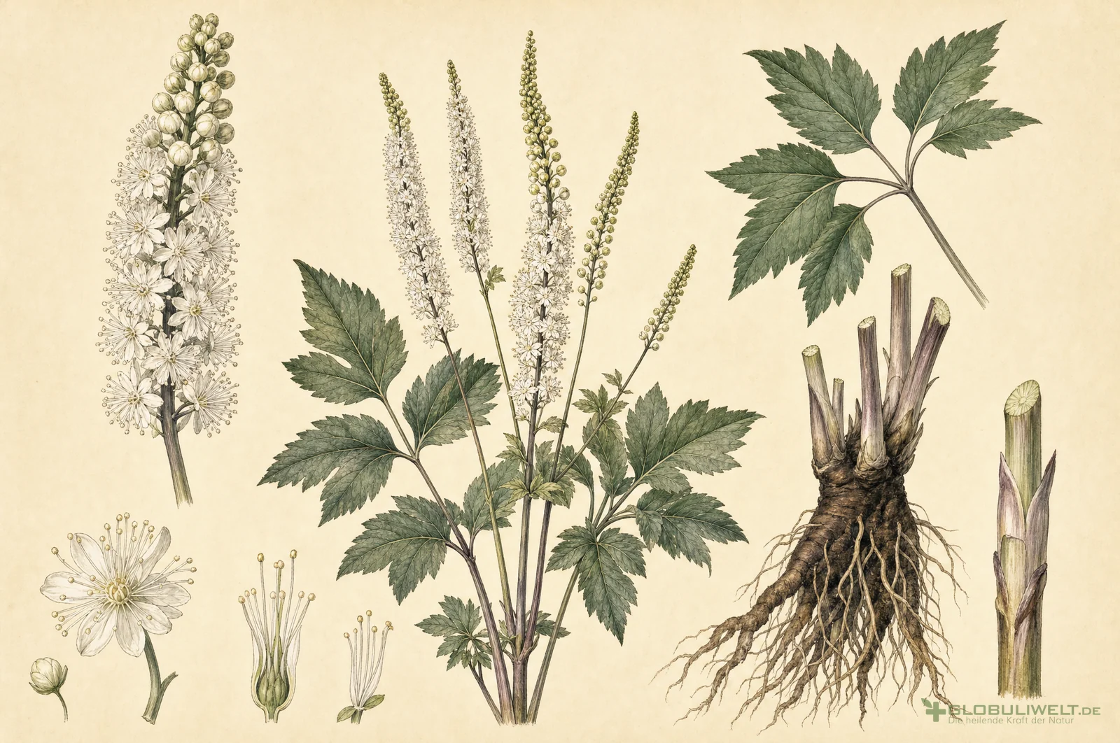 Botanische Illustration von Cimicifuga racemosa (Traubensilberkerze) – Ausgangssubstanz der homöopathischen Globuli