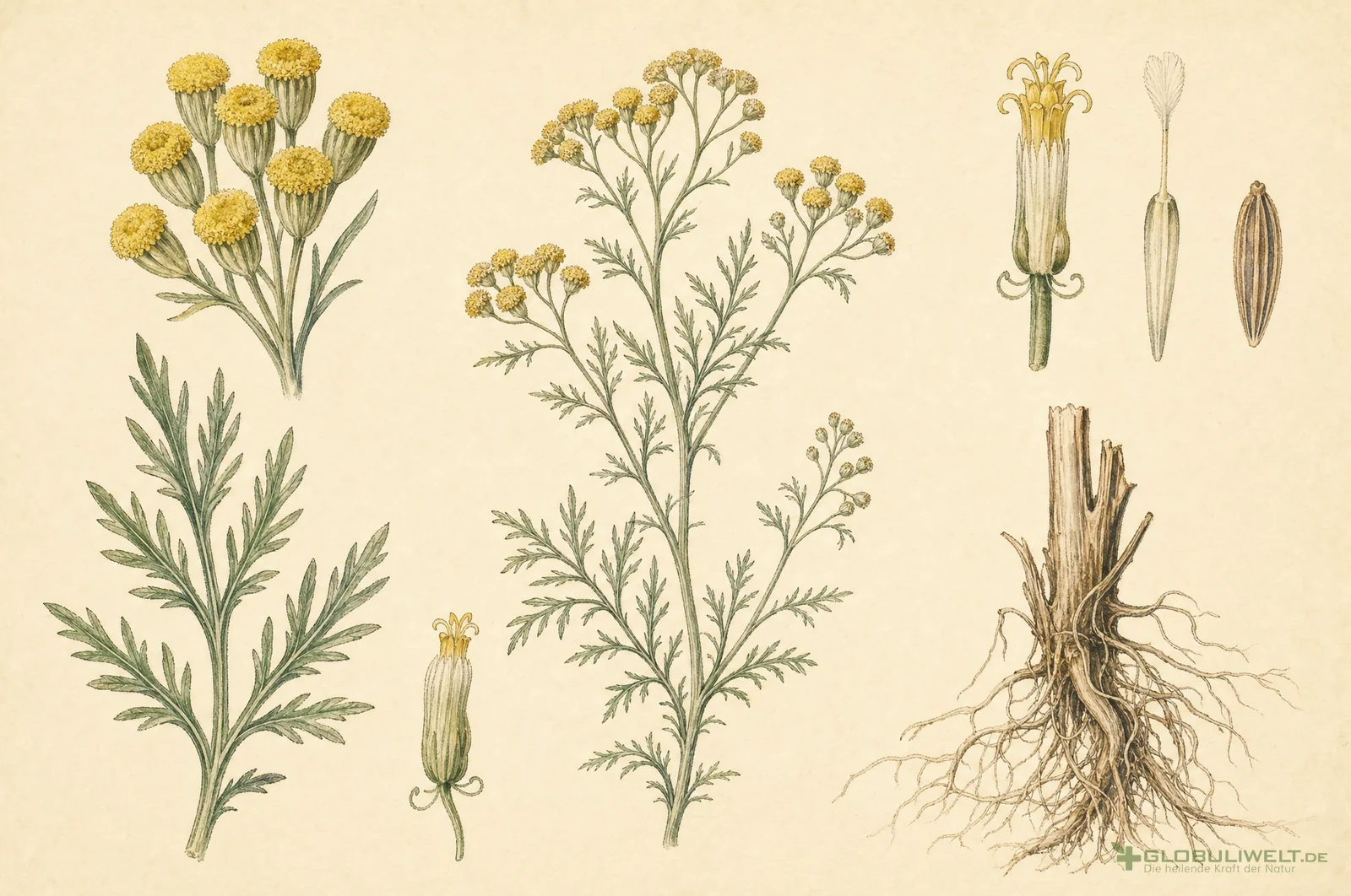 Botanische Illustration von Cina (Wurmsamen) – Ausgangssubstanz der homöopathischen Globuli