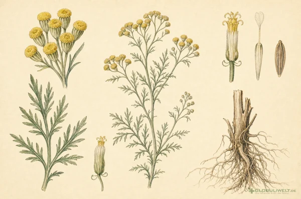 Botanische Illustration von Cina (Wurmsamen) – Ausgangssubstanz der homöopathischen Globuli