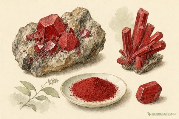 Mineralogische Illustration von Cinnabaris (Zinnober) – Ausgangssubstanz der homöopathischen Globuli