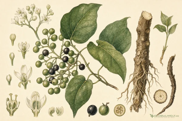 Botanische Illustration von Cocculus (Kockelskörner) – Ausgangssubstanz der homöopathischen Globuli