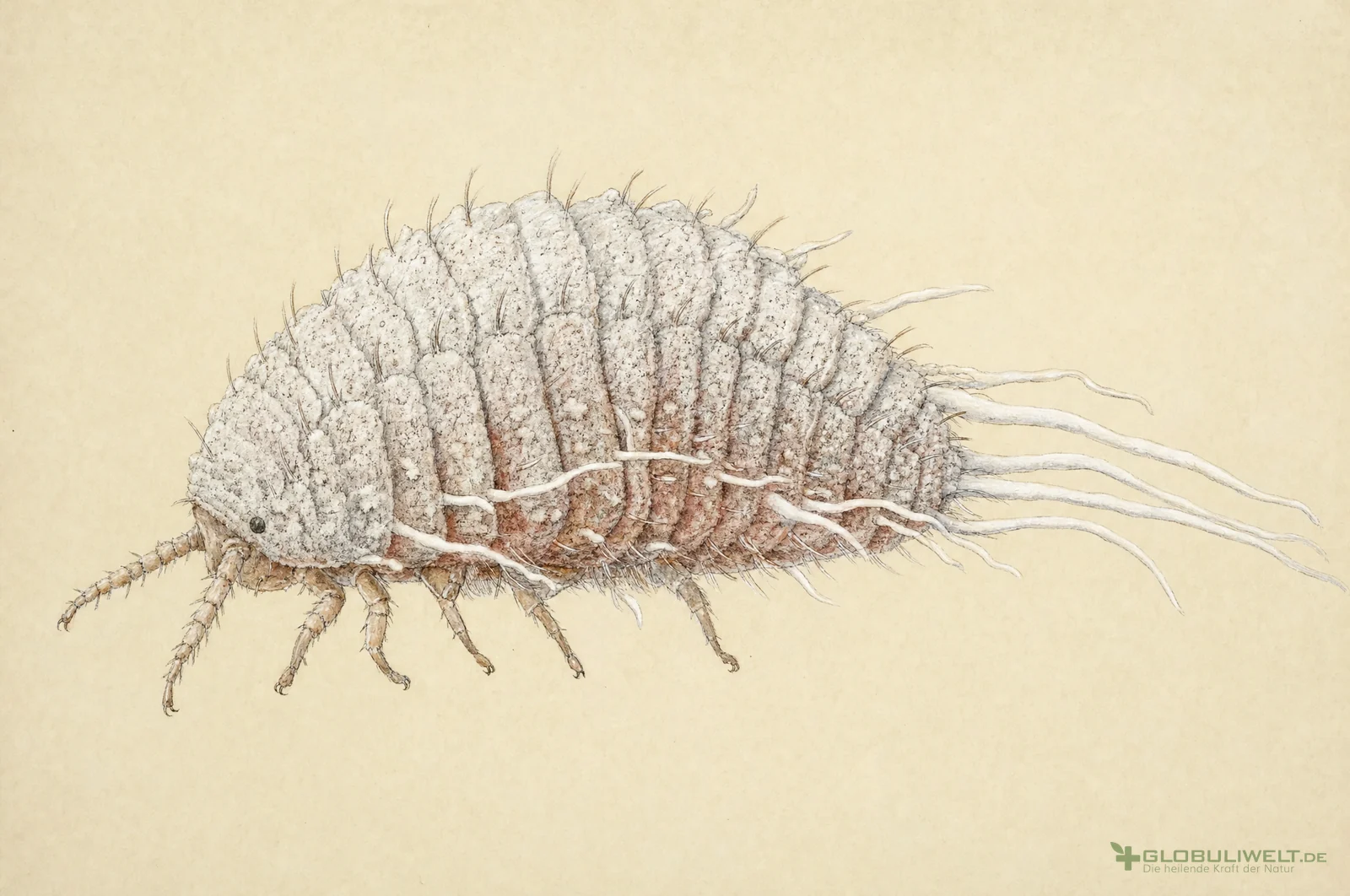 Naturhistorische Illustration von Coccus cacti (Kaktuslaus) – Ausgangssubstanz der homöopathischen Globuli