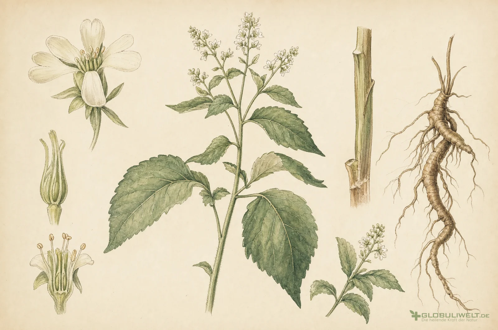 Botanische Illustration von Collinsonia canadensis (Grieswurzel) (Kanadische Grieswurzel) – Ausgangssubstanz der homöopathischen Globuli