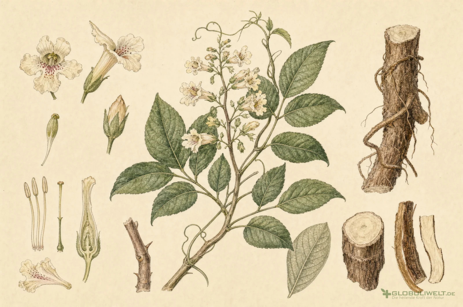 Botanische Illustration von Condurango (Condurangobaum) (Condurangobaum) – Ausgangssubstanz der homöopathischen Globuli