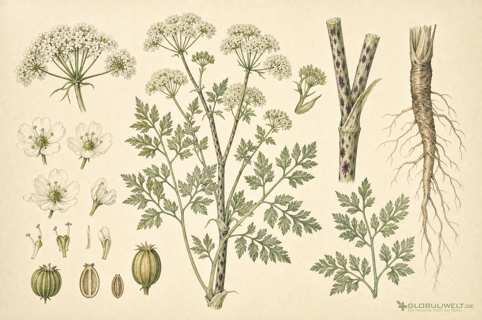 Botanische Illustration von Conium maculatum (Gefleckter Schierling) (Gefleckter Schierling) – Ausgangssubstanz der homöopathischen Globuli