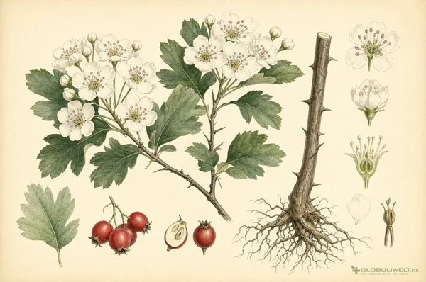 Botanische Illustration von Crataegus (Weißdorn) (Weißdorn) – Ausgangssubstanz der homöopathischen Globuli