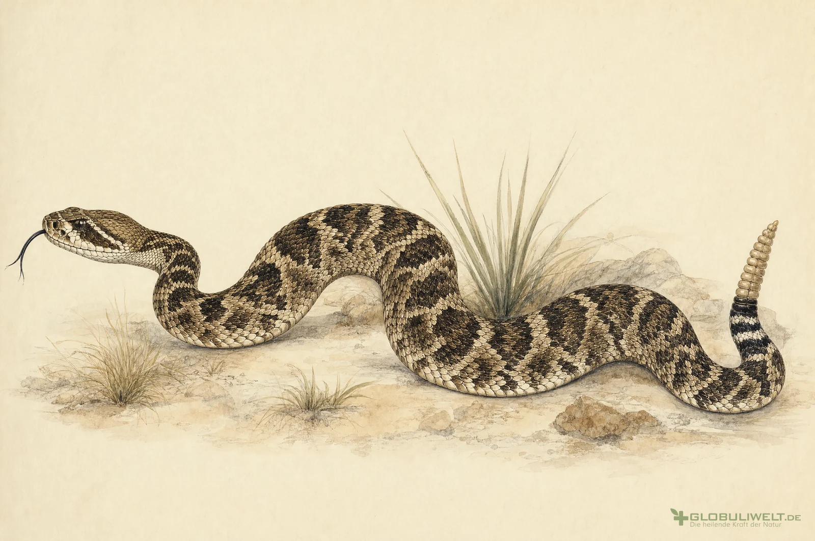 Naturhistorische Illustration von Crotalus Horridus (Klapperschlange) (Klapperschlange) – Ausgangssubstanz der homöopathischen Globuli