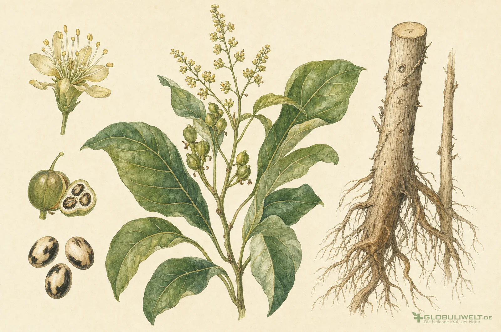 Botanische Illustration von Croton tiglium (Purgierkroton) – Ausgangssubstanz der homöopathischen Globuli