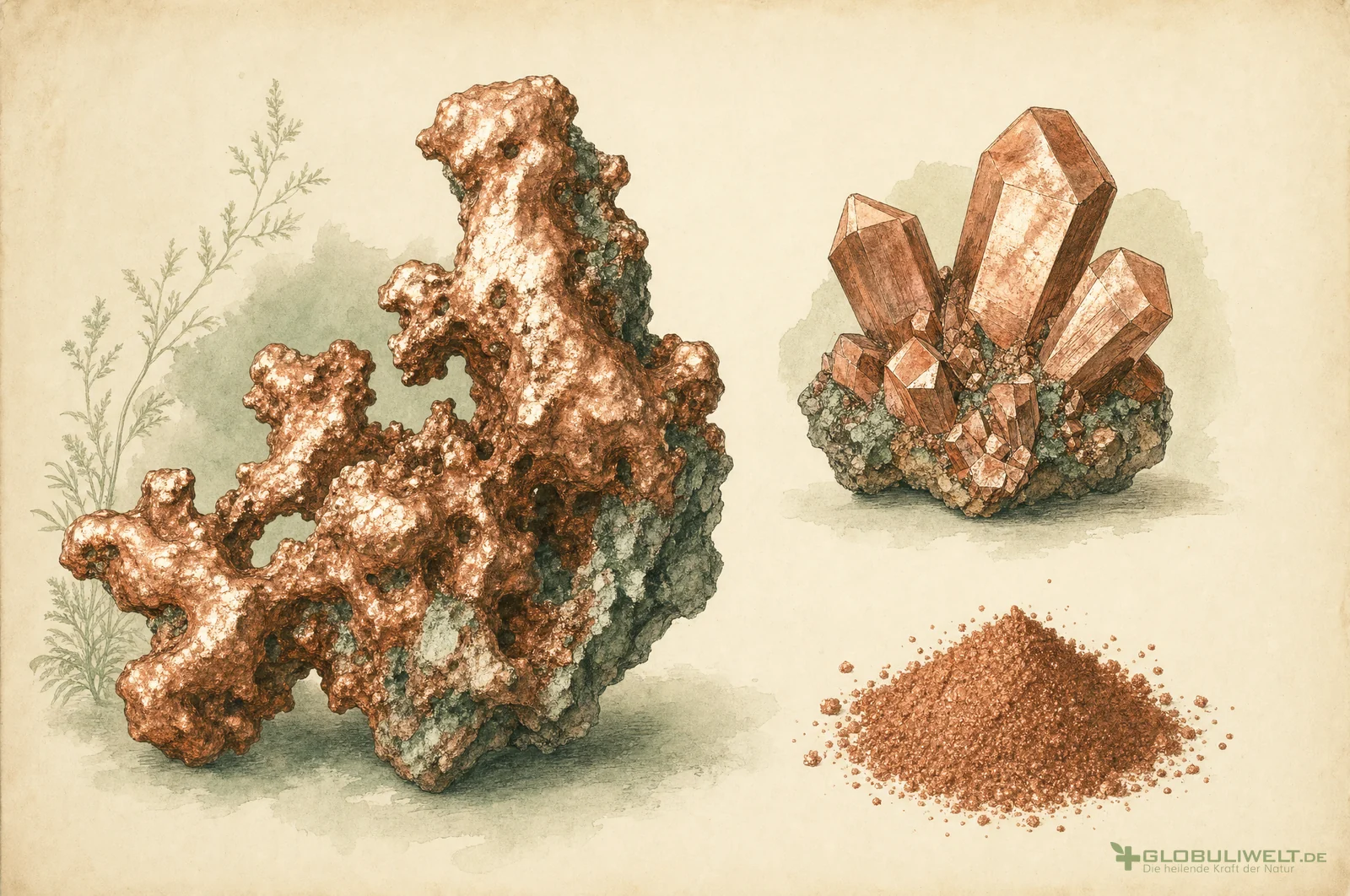Mineralogische Illustration von Cuprum metallicum (Kupfer) (Kupfer) – Ausgangssubstanz der homöopathischen Globuli