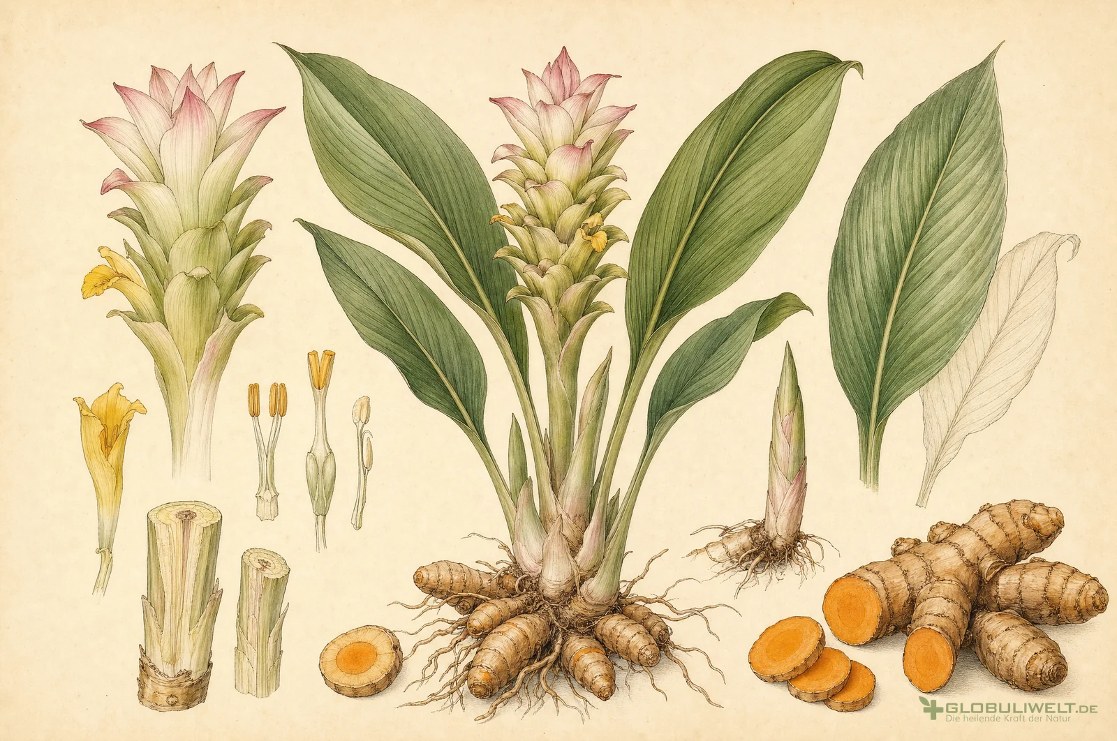 Botanische Illustration von Curcuma longa (Kurkuma) – Ausgangssubstanz der homöopathischen Globuli