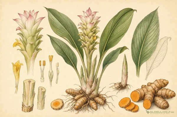 Botanische Illustration von Curcuma longa (Kurkuma) – Ausgangssubstanz der homöopathischen Globuli