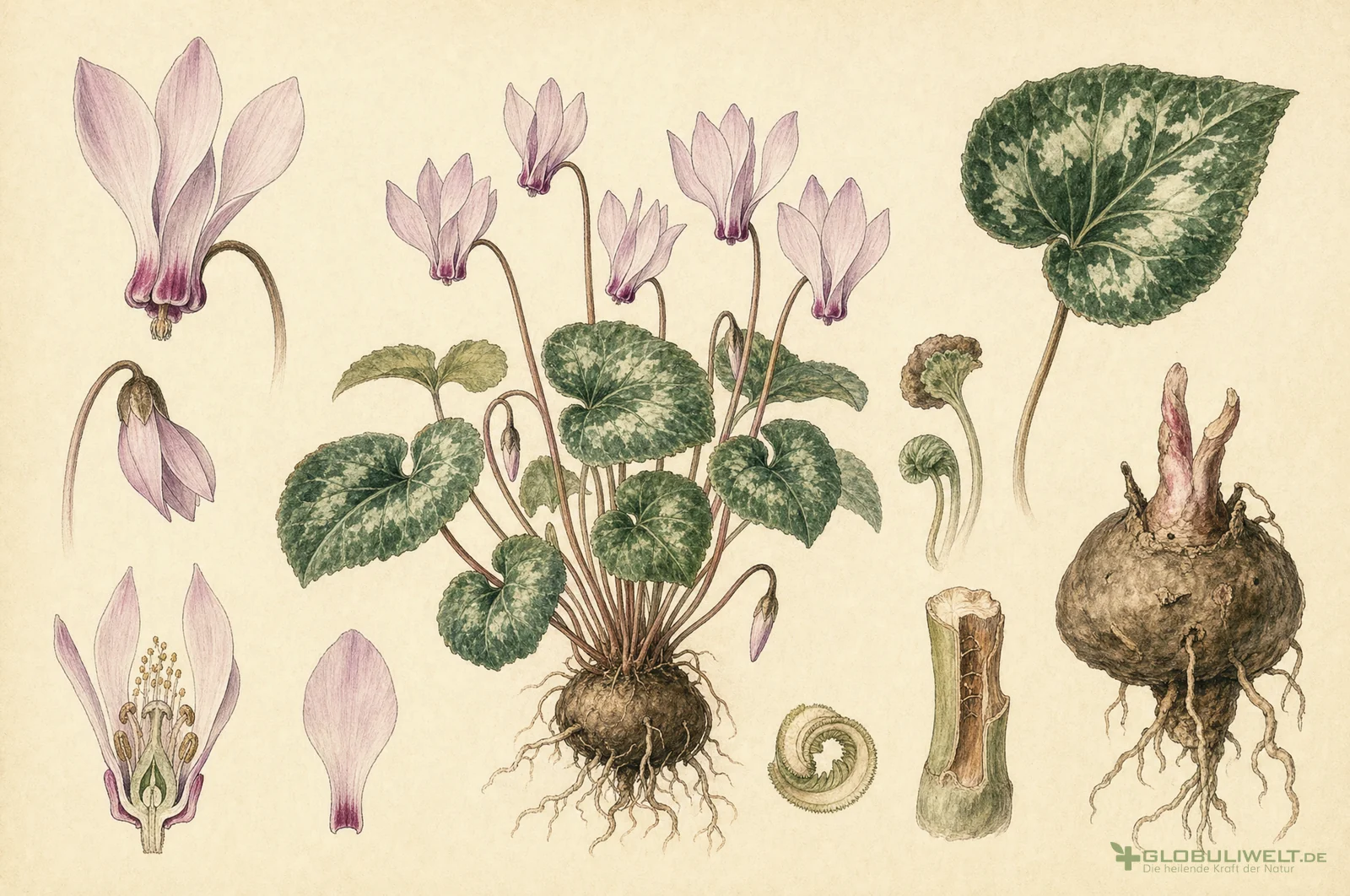 Botanische Illustration von Cyclamen europaeum (Alpenveilchen) (Alpenveilchen) – Ausgangssubstanz der homöopathischen Globuli
