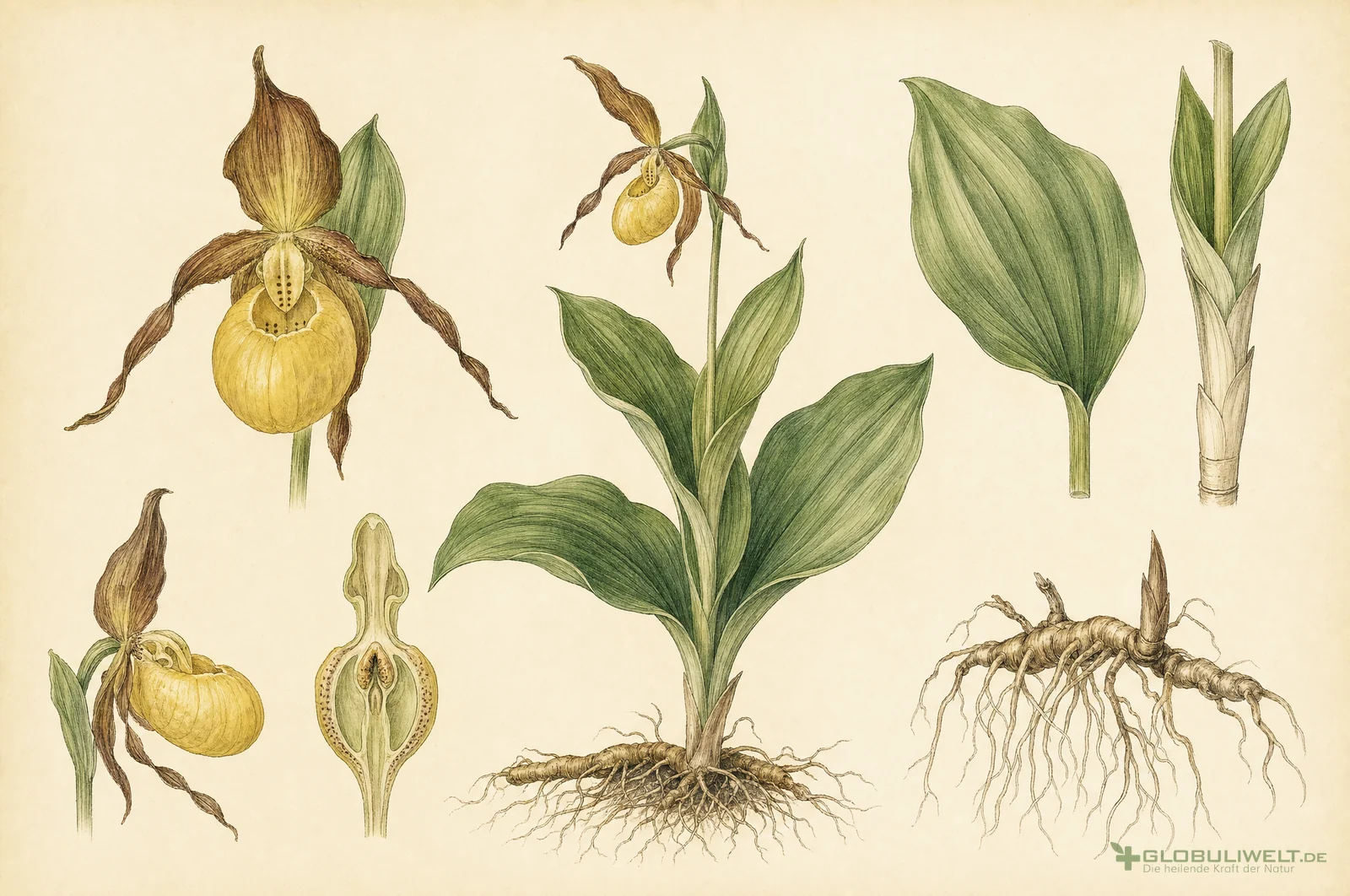 Botanische Illustration von Cypripedium pubescens (Gelber Frauenschuh) – Ausgangssubstanz der homöopathischen Globuli