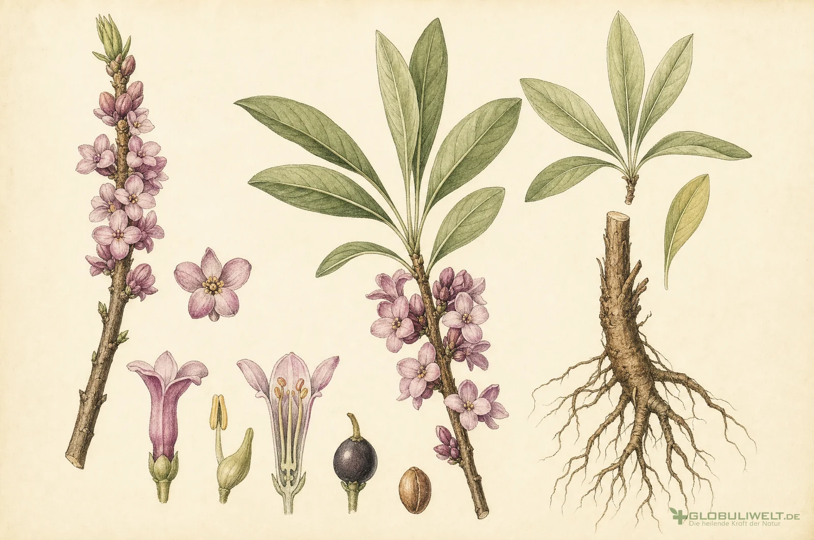 Botanische Illustration von Daphne Mezereum (Echter Seidelbast) (Echter Seidelbast) – Ausgangssubstanz der homöopathischen Globuli