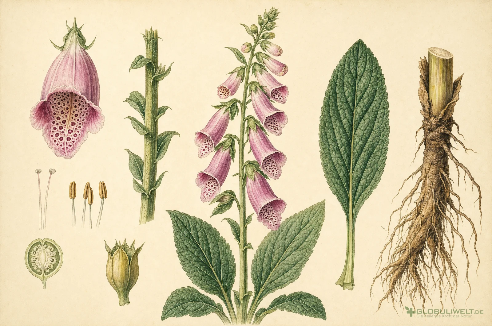 Botanische Illustration von Digitalis purpurea (Roter Fingerhut) – Ausgangssubstanz der homöopathischen Globuli