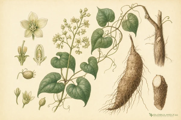 Botanische Illustration von Dioscorea villosa (Yamswurzel) – Ausgangssubstanz der homöopathischen Globuli