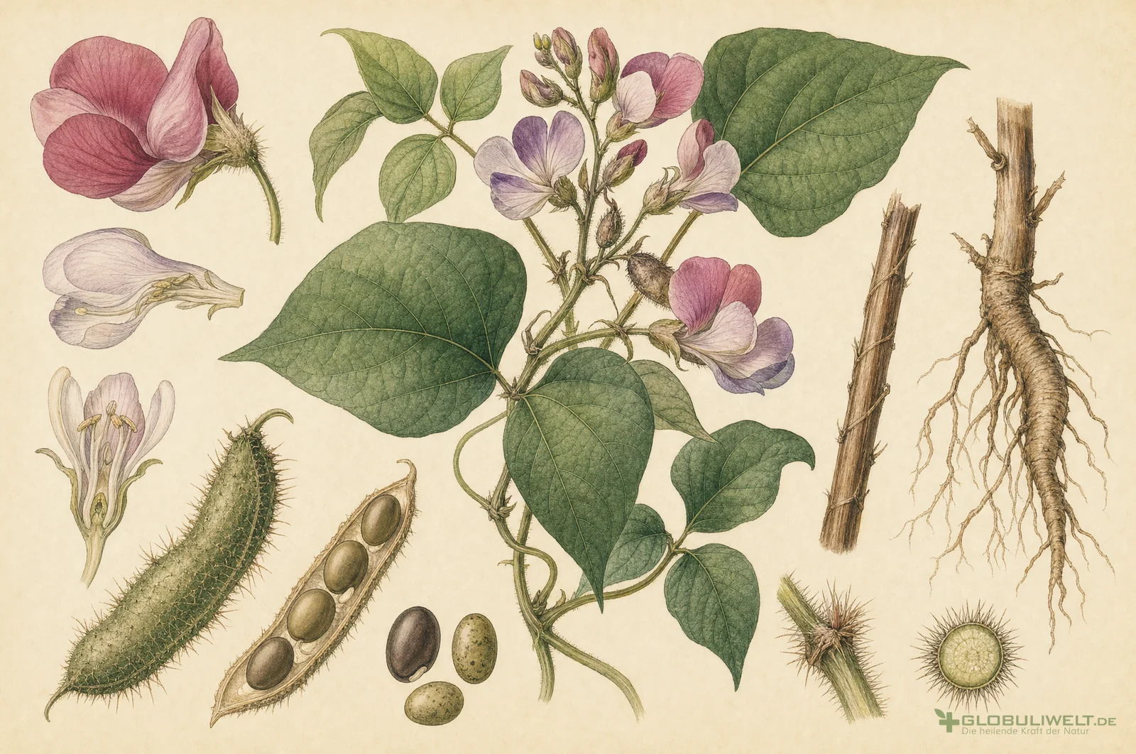 Botanische Illustration von Dolichos pruriens (Juckbohne) – Ausgangssubstanz der homöopathischen Globuli