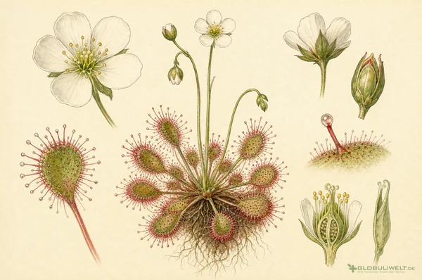 Botanische Illustration von Drosera Sonnentau (Sonnentau) – Ausgangssubstanz der homöopathischen Globuli