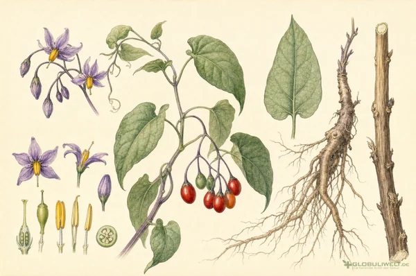 Botanische Illustration von Dulcamara (Bittersüßer Nachtschatten) – Ausgangssubstanz der homöopathischen Globuli