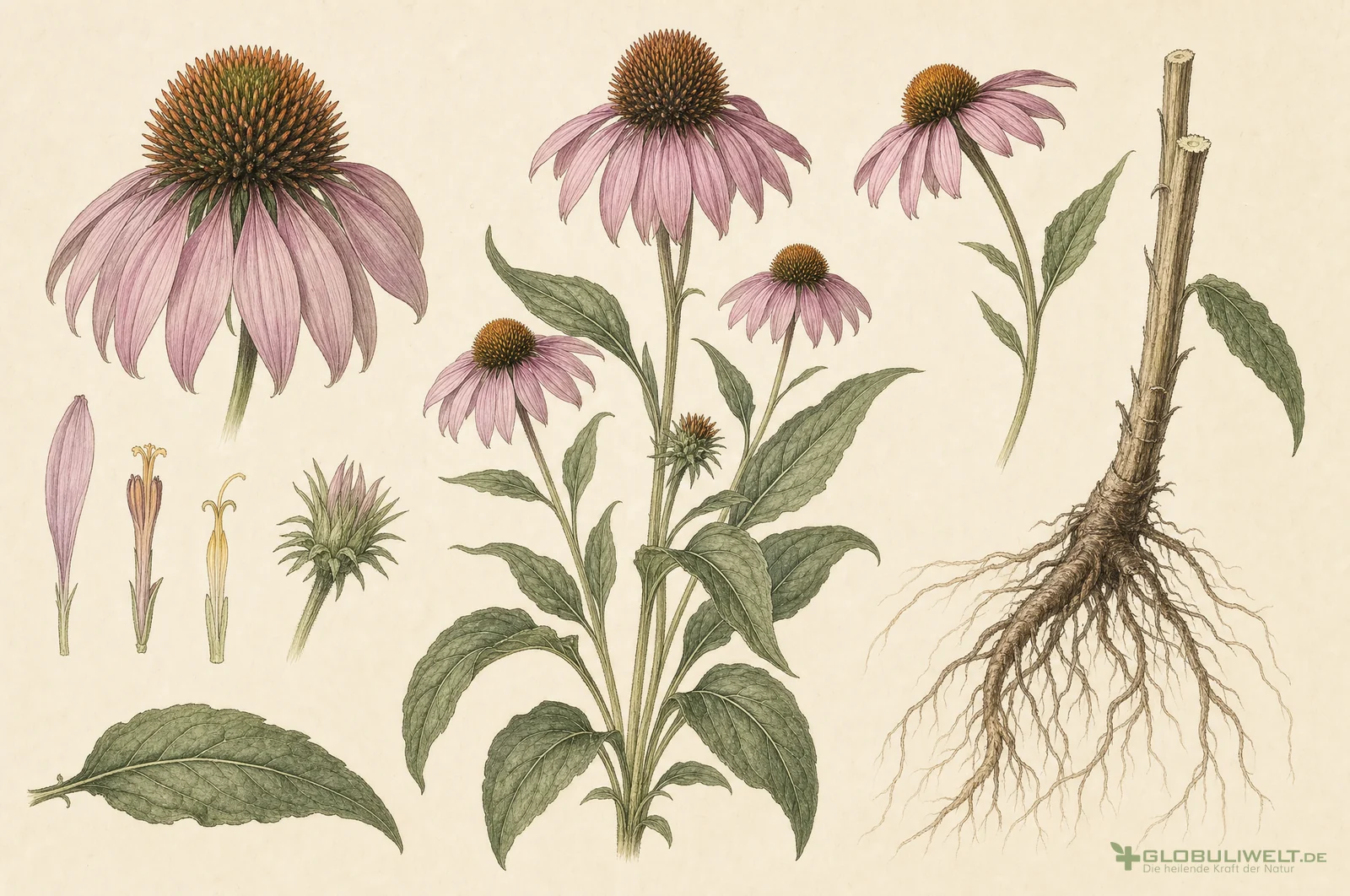 Botanische Illustration von Echinacea (Sonnenhut) – Ausgangssubstanz der homöopathischen Globuli