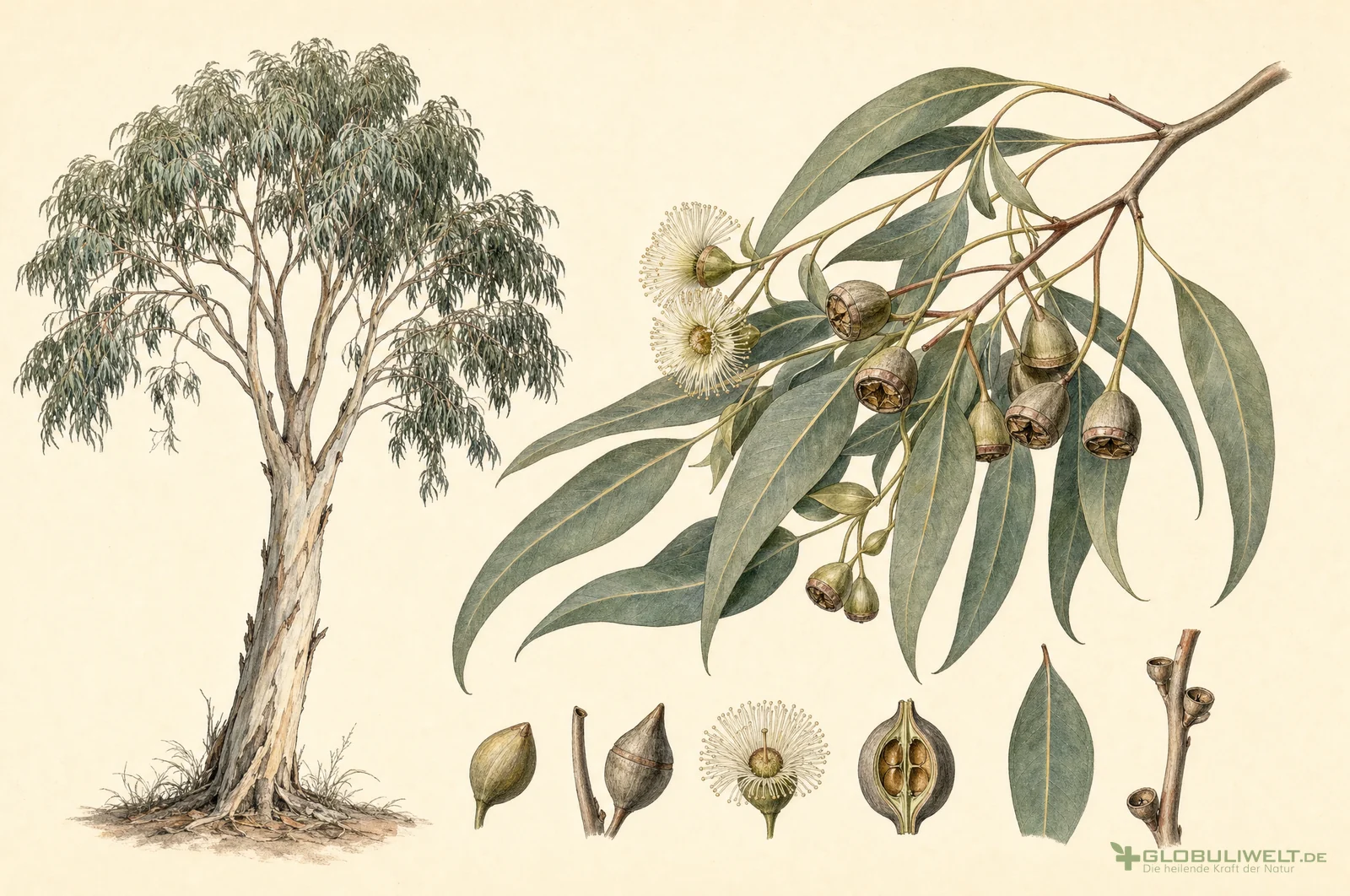 Botanische Illustration von Eucalyptus (Eukalyptus) (Eukalyptus) – Ausgangssubstanz der homöopathischen Globuli