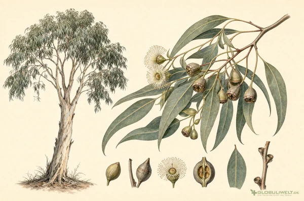 Botanische Illustration von Eucalyptus (Eukalyptus) (Eukalyptus) – Ausgangssubstanz der homöopathischen Globuli