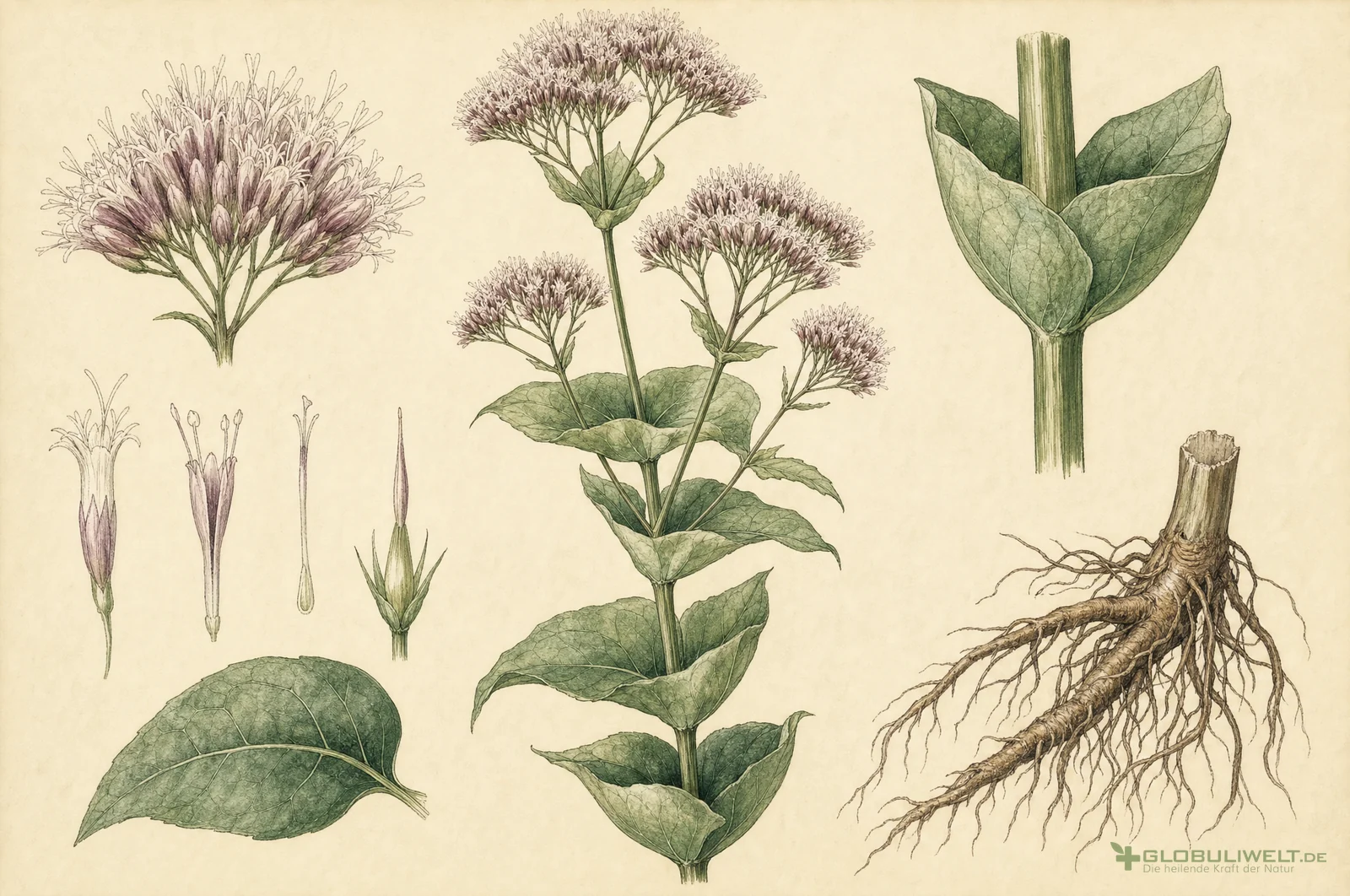 Botanische Illustration von Eupatorium perfoliatum (Wasserdost) (Wasserdost) – Ausgangssubstanz der homöopathischen Globuli